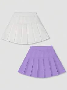 青少年女孩两件套，包括白色和紫色百褶迷你裙，校园风格