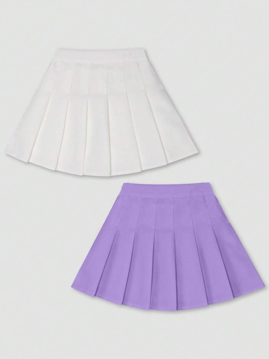 青少年女孩两件套，包括白色和紫色百褶迷你裙，校园风格