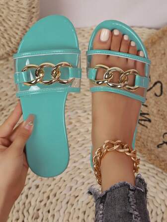 Women's Flat Sandals With Glitter Peep Toe, Slip-On Slider Sandals For Party, Vacation, Fashion PVC Material