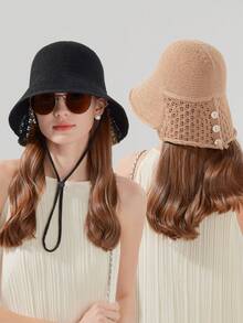 1pc Women Summer Knitted Hollow Bucket Hat, Fisherman Sun Hat With Letter Pattern, Suitable For Summer Outdoor, Random Style - MZ1572 - View 10