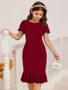 Girls Crew Neck Short Sleeve Solid Color Casual Ruffle Hem Versatile Dress, Tween Girl/Toddler - Red - View 3