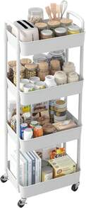 4-Tier Plastic Rolling Utility Cart With Handle, Multi-Functional Storage Trolley For Office, Living Room, Kitchen, Movable Storage Organizer With Wheels, White - trắng - Xem 10