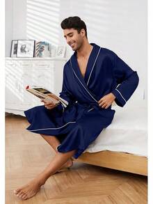 Men's Satin Robe Lightweight,Men's Luxurious Silk Kimono Bathrobe - Navy - View 4