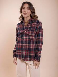 Women's Plaid Flannel Shirt With Pocket - 紅木色 - 查看 2
