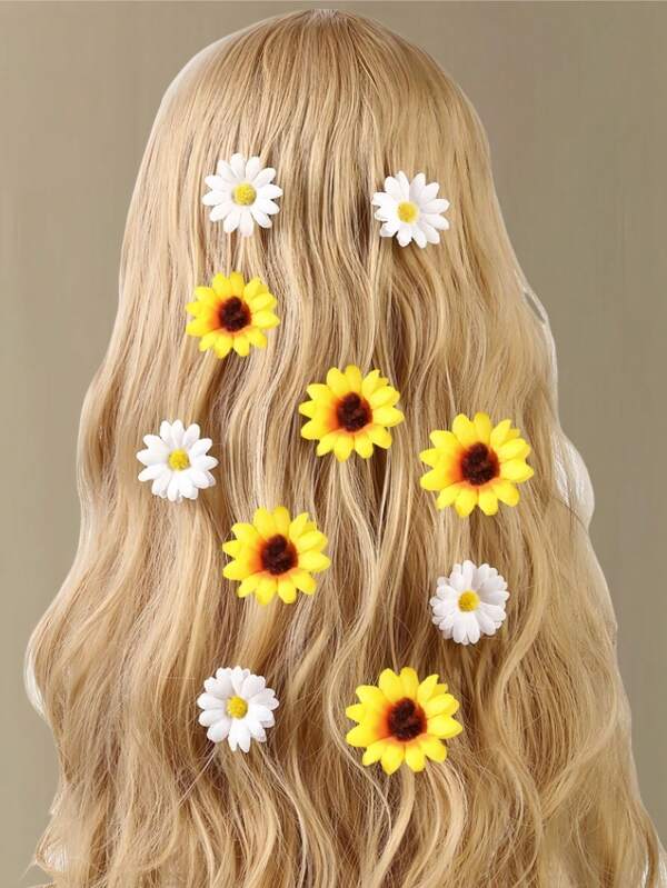 10pcs Cute Flower Side Bangs Hairclips, Sunflower Design Claw Clips Hair Claws Hair Barrettes