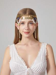 1 件波西米亚复洛克风格多层珍珠头链，新月硬币流苏水晶水钻吊坠头饰，时尚新娘发饰