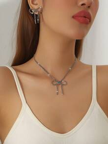 3 件套爪链全水钻蝴蝶吊坠项链和耳环首饰套装，适合女士、派对和新娘 - 銀色 - 查看 4