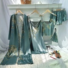 5pcs Women Sleepwear Set Including Spaghetti Strap Robe, Nightgown, Thin Jacket, Mid-Length Sleepwear, Bathrobe, Suitable For All Seasons - Malachite Green - View 56