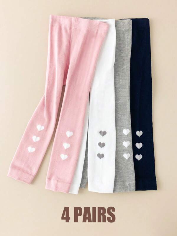 4 Pairs Girls' Nine-Point Toddler Kid Tights, Children's Leggings, Solid-Color Simple Love-Patterned Skinny Pants, Moderate Thickness, Suitable For Wearing In All Seasons.