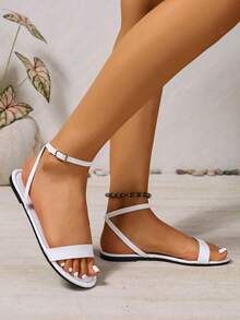Giày sandal đế bằng cho nữ, Giày lười quai mắt cá chân màu trắng, Giày thường ngày bằng da giả thanh lịch, Giày sandal đế bằng mùa hè, Giày lười quai, Dép lê, Thích hợp cho kỳ nghỉ và vui chơi trên bãi biển, Giày sandal mũi tròn lấp lánh - trắng - Xem 3