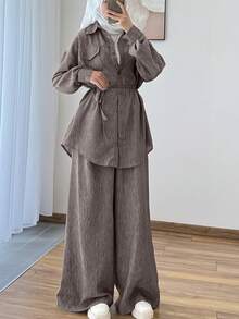 Bộ đồ công sở nữ 2 món, chất liệu kép, gồm áo sơ mi và quần ống rộng, thiết kế áo kiểu tối giản thanh lịch kèm thắt lưng, quần cạp chun có túi. - Rỉ Nâu - Xem 1