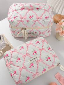 1Pc/Set Bow Knot & Rose Design Quilting Cosmetic Bag, Fashionable Portable Makeup Bag, Multi-Functional Storage Bag For Lipstick, Sanitary Napkin, Coins, Keys Etc, Large Capacity Lovely Wash Bag For Travel Organizer Cosmetic Bag For Travel, Mother's Day Gift , Valentine's Day - Multicolor - View 11