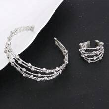 2 piezas Conjunto de pulsera y anillo ajustable chapado en oro de 24k, joyería para mujer, diseño hueco de estilo árabe, joyería apilada de estilo bohemio, conjunto de joyería de moda para mujeres saudíes