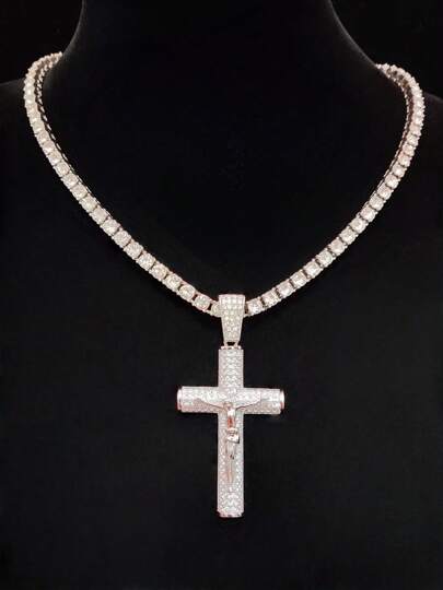 1pc Zirconia Cross & Jesus Pendant With 5mm Necklace Chain, Unisex Hip Hop Vintage Pendant Necklace Suitable For Daily Wear Or Party, Valentine Gift