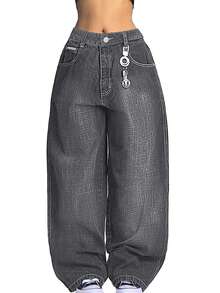 Women's Hip Hop Baggy Jeans Wide Leg Mid-Low Waist Jeans Loose Boyfriends Jeans 90s Vintage Denim Pants - 深灰色 - 查看 4