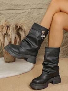 新款女式及膝靴，时尚尖头皮革粗跟及膝靴，适合搭配连衣裙，黑色和白色可选，舒适的西部牛仔翻边靴，百搭英伦风休闲高跟马靴