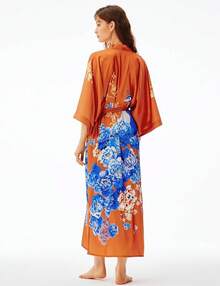 Women's Long Satin Silky Kimono Robe - Japanese Bathrobe Nightgown Loungewear Blouse - Orange - View 5