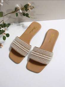 Damen Perlen & Strass Dekor Slide Sandalen/Pantoffeln, Offene Zehen Sommer Lässig Mule Schuhe