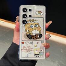 SPONGEBOB 1 pieza Funda de teléfono de serie de dibujos animados minimalista blanda y transparente con esponja, compatible con GalaxyS22/S23/S24 Ultra, funda protectora suave de pintura hecha a mano resistente a caídas, regalo ideal para novia para festivales