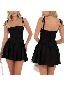 Women's Tie Strap Mini Dress Zipper Back Solid Color Sleeveless Backless Slim Ruched A-Line Dress Thankgiving - Black - View 2