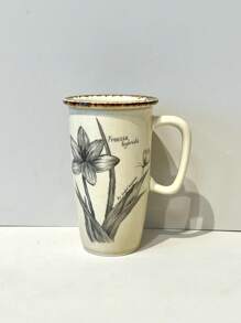 1pc 复古花卉陶瓷杯，法式复古高边芝士甜品杯，陶瓷材质，复古花卉，大容量卡布奇诺甜品杯，果汁杯，休闲，下午茶，办公室