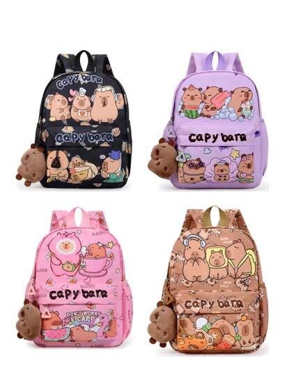 1 Pc Back-To-School Cute Capybara Pattern Backpack,Cartoon Student Bag, With Plush Pendant Schoolbag, Adjustable Straps Bookbag, Casual Lightweight Backpack, Perfect For Girls/Teens/Students/Graduates, Ideal For Daily Use, Outings, Travel, School & Back-To-School