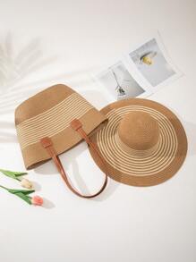 1 Pieza Sombrero de Paja + 1 Pieza Bolso, Conjunto Casual de Vacaciones