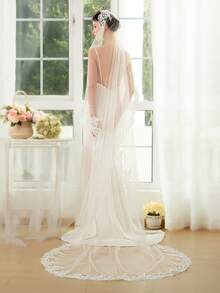 1 peça véu de noiva longo com apliques de renda, véu de casamento de 1 camada, malha macia, tule, acabamento em renda, acessórios para casamento, roupas de outono para mulheres - Bege - Ver 3