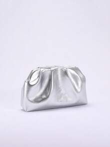 1 件金属光泽 PU 褶饰云朵手拿包，银色，简约日常手提包，优雅女士晚会包 - 銀色 - 查看 6