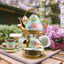 20-Piece European Floral Tea Set - 700ml Ceramic Teapot & 6x160ml Gold-Trimmed Cups With Saucers, Elegant Afternoon Tea Service For Women, Weddings & Parties - Includes Metal Holder