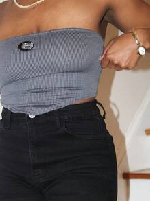 Steph T Ribbed Knit Patch Detail Bandana Hem Crop Tube Top - Dark Grey - View 6