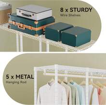 H5 Extra Large Heavy Duty Clothes Rack, Wire Garment Rack,Large Wardrobe Closet, Freestanding Closet Rack For Hanging Clothes, Clothing Rack With Adjustable Shelf, 93.3" Lx15.7 Wx75.4 H,White - White - View 10