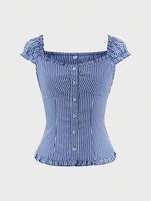 LilyHouse 女士 Y2K 性感、年轻、火辣、优雅条纹短袖衬衫，秋冬款