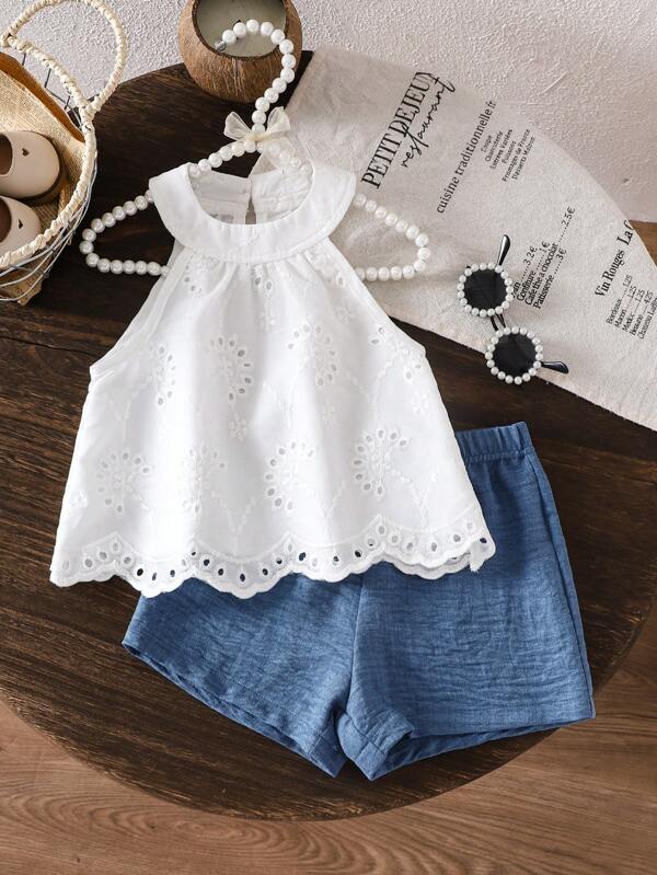 Set van 2 stuks voor jonge meisjes, nieuwe elegante, holle borduursels, mouwloze off-shoulder top en casual shorts, zomer