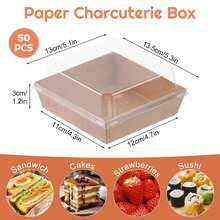 50-Pack 5-Inch Square Kraft Boxes With Clear Lids - Disposable Charcuterie & Dessert To-Go Containers (Brown) - 棕色 - 查看 3