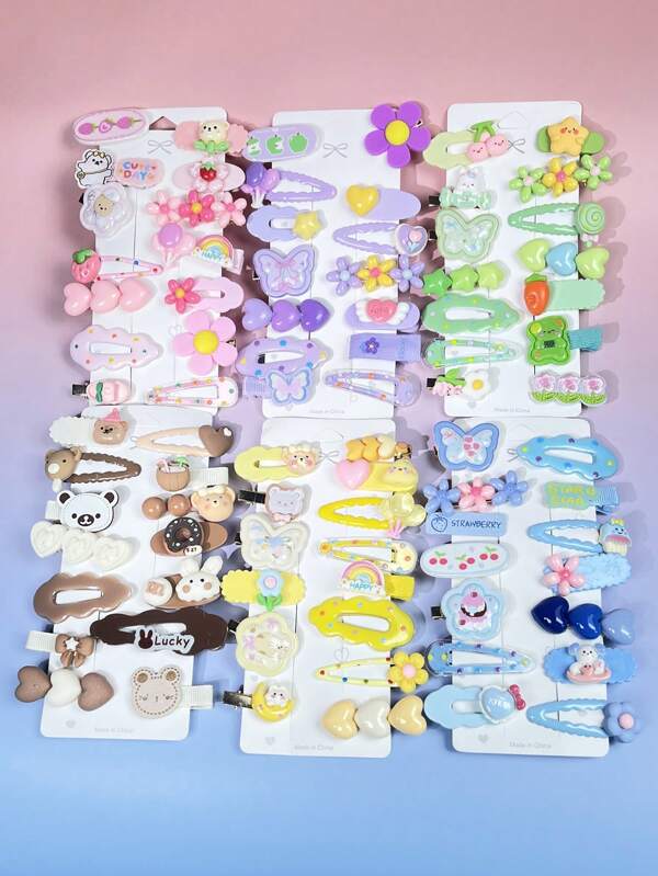 28pcs/14pcs Cute Cartoon Flower Heart Butterfly Multi-Element Side Clips, Sweet Decorative Hair Clips Suitable For Daily, School, Performance, Birthday Party, Outing, Amusement Park Photography, Fashion Personalized Girl Hair Accessory Set