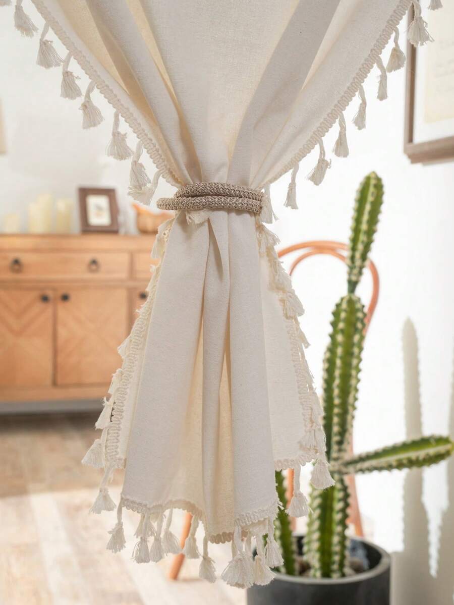 Bubaba 2pcs Ivory Solid Color Boho Style Curtain Panels For Doorways Privacy, Bedroom, Closets, Windows, Living Room, Thermal Insulated - 白色 - 查看 1