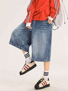 Womens Jorts Jean Baggy Shorts Casual 2026 Summer Wide Leg Long Denim Shorts Y2K Streetwear - Màu xanh 1 - Xem 3