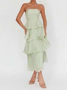 Ruffled Tube Top Long Dress For Women Summer Solid Color Backless Strapless Sleeveless Tiered Cake Dress - màu xanh lá - Xem 5