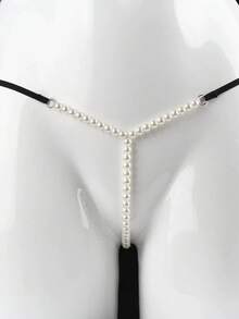 HaoQi 1 件女士珍珠丁字裤低腰内裤比基尼丁字裤内衣细带内裤三角裤性感内衣 - 黑色 - 查看 8