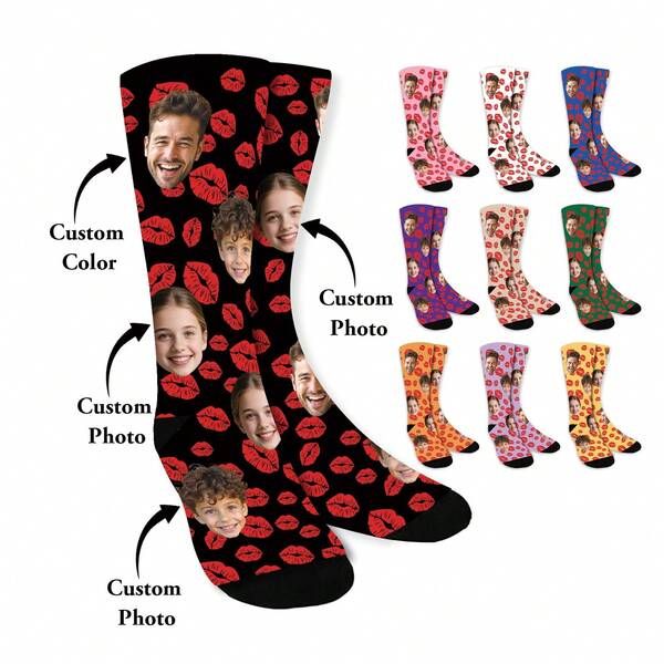 Regalos personalizados, calcetines con foto personalizada, calcetines personalizados con estampado de labios rojos