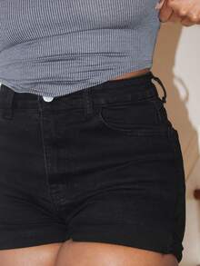 Steph T 女士夏季时尚高腰卷边百搭百搭牛仔短裤 - 黑色 - 查看 3