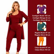 Conjunto Trio três peças Cardigan regata e calça liso viscolycra inverno