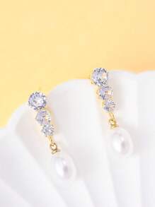1 Set Gold Metal Thin Chain Diamond-Studded Pearl Necklace And Earring Set, Suitable For Party, Event And Daily Accessories