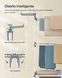SONGMICS Escombro para Secar Ropa de 4 Pisos, Escombro Plegable para Secar Ropa, 173 cm de Alto, en Acero Inoxidable, Caballos para Ropa Portátiles, Secadero para Ropa, Uso Indoor y Outdoor, Blanco - Blanco - Ver 4