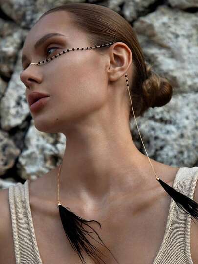 1pc Black Beaded Face Chain With Black Feather Tassel And Nose Bridge, Gold-Tone