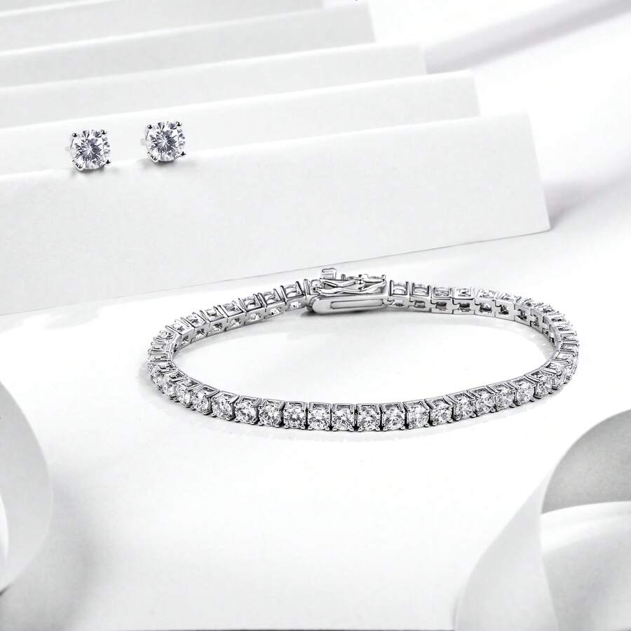 MDFUN 1 Conjunto Bracelete de Tênis de Zircônia Cúbica Versátil e Elegante + Brincos de Botão Redondo de 6mm, Adequado para Uso Diário/Festival/Casual e Presente para Mulheres