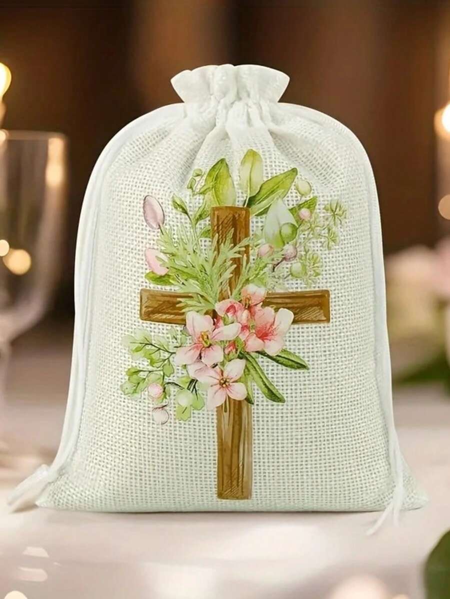 25pcs White Linen Drawstring Gift Bags With Floral Cross Design - Perfect For First Communion, Baptism, Wedding Favors And Church Events, Religious Christmas Gifts, Communion Celebration Presents, Elegant Drawstring Closure, Rustic Linen Cord Decoration, Gift Packaging - Beige - View 1