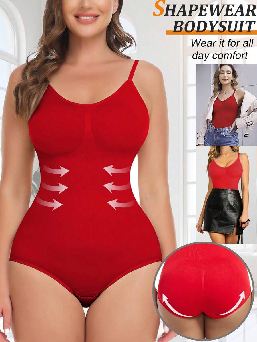 Shapewear Bodysuits For Women Tummy Control Full Body Shaper Belly Abdomen Compression Tank Top Vest Underwear Seamless Spaghetti Strap Sleeveless - 紅色 - 查看 1