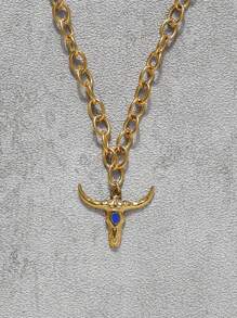 1pc 18K Gold Plated Bull Head Pendant Necklace, Stainless Steel Western Style Chain Necklace Fashion Jewelry Gift For Women
